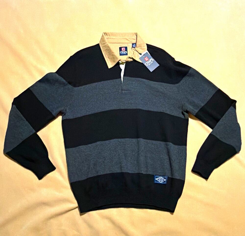 Chaps Mens Size L Striped Collared Knit Pullover Sweater Black Gray Beige